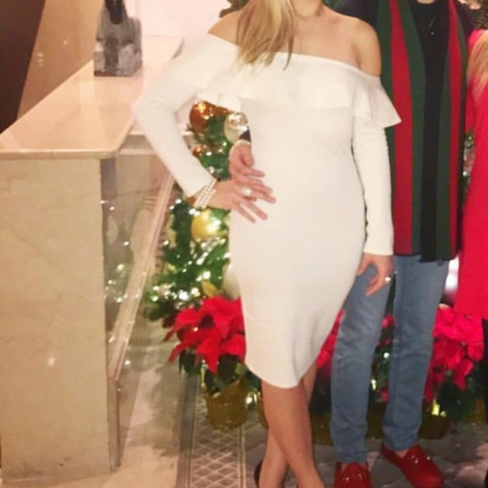 Off white, cream off shoulder ruffle dress